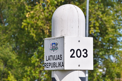Valga, Estonia - July 16, 2023: The state border between Estonia and Latvia