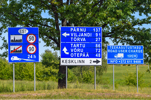 Valga, Estonia - July 16, 2023: The blue EU symbol announces entry into the Republic of Estonia.