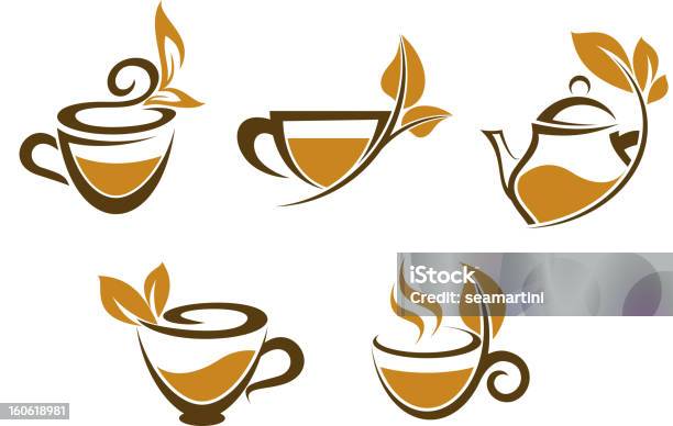 Copos De Chá Com Folhas - Arte vetorial de stock e mais imagens de Bebida - Bebida, Caneca, Chá - Bebida quente