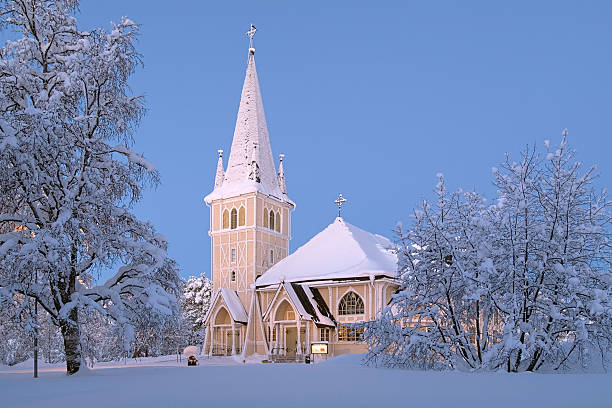 Arvidsjaur Church in winter evening, Norrbotten Province, Sweden. The Church was built in 1900-1902 and consecrated in 1903.