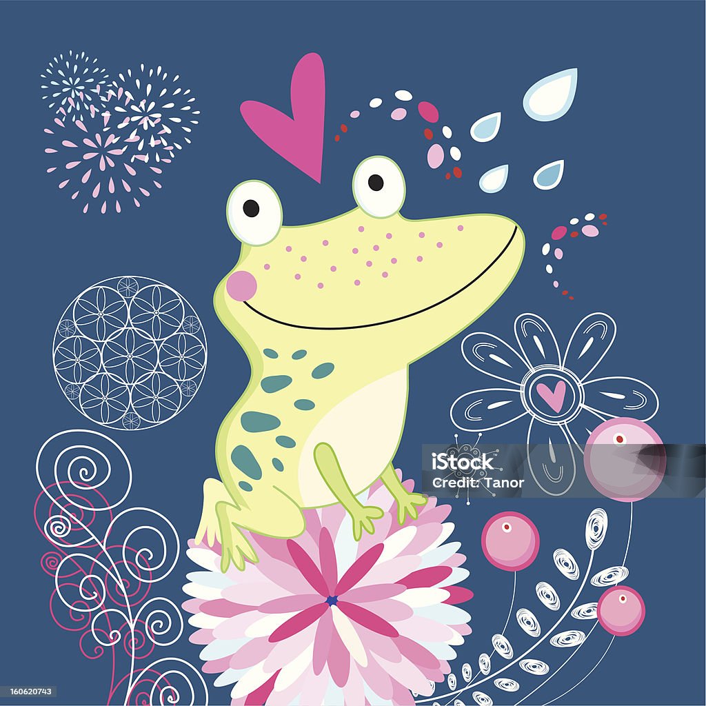 Frog in love funny love frog on a dark blue background with hearts and flowers Art stock vector