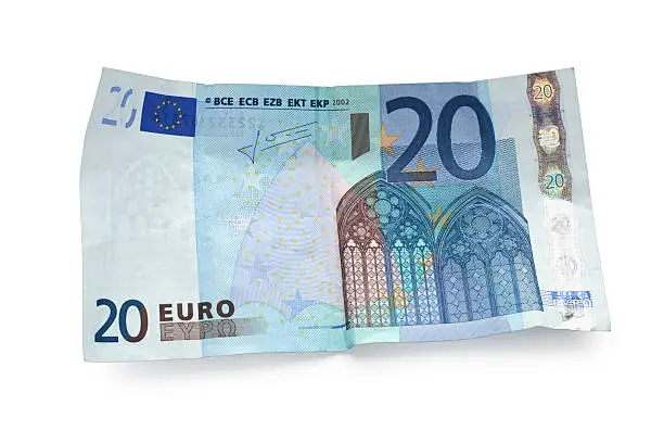 twenty euro note with a drop shadow isolated on white - clipping path (without shadow) includet