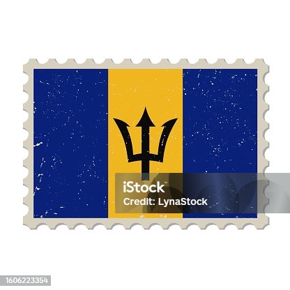 istock Barbados grunge postage stamp. Vintage postcard vector illustration with Barbadian national flag isolated on white background. Retro style. 1606223354