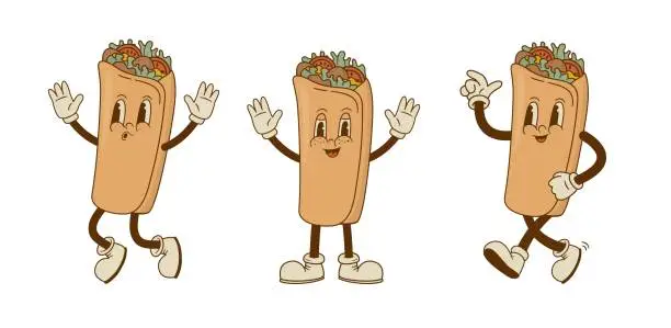 Vector illustration of Set of retro cartoon funny burritos characters. Vintage taco, doner kebab, pita, gyros mascot vector illustration.