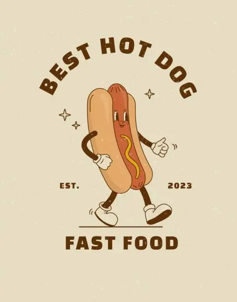 Vector illustration of Cartoon hot dog character in retro 70s style. Street food vector illustration