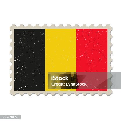 istock Belgium grunge postage stamp. Vintage postcard vector illustration with Belgian national flag isolated on white background. Retro style. 1606241220
