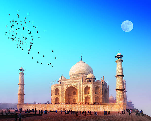 The Taj Mahal at sunset with birds flying over