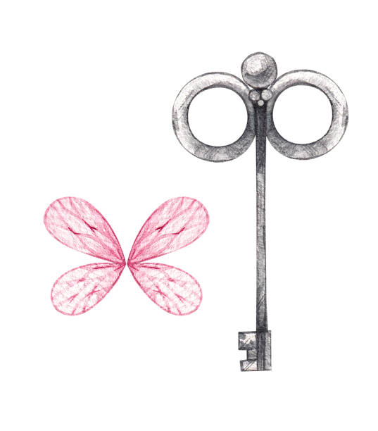 Watercolor hand drawn key with wings Watercolor hand drawn key with wings. Fairy tale key illustration on white background. Kids illustration for design of children's room, books, clothes, toys sketches-of-hearts-with-wings-clip-art stock illustrations