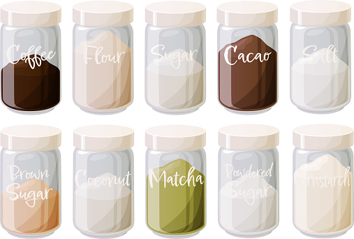 Cute vector illustration set isolated on white background of various pantry staple supplies for baking stored in glass jars with white fonts for neat organization.