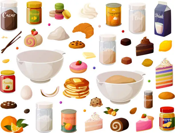 Vector illustration of Cute vector illustration set isolated on a white background of various baking supplies found in the pantry and baked goods.