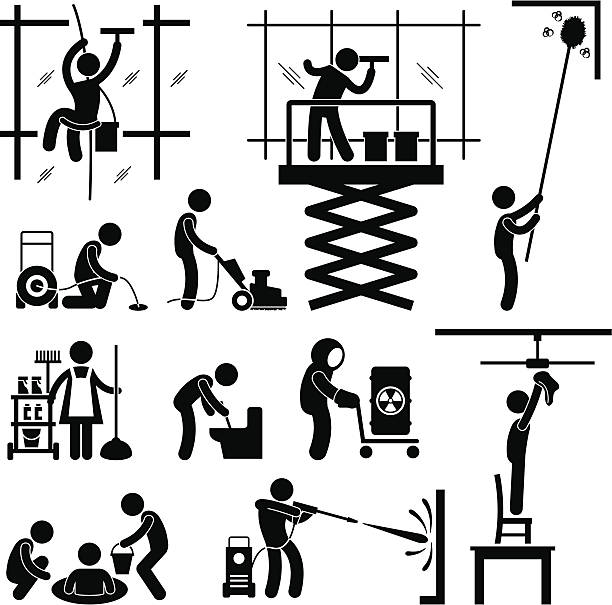 Industrial Cleaning Services Job Pictogram A set of pictograms representing industrial cleaner working on risky jobs. custodian silhouette stock illustrations