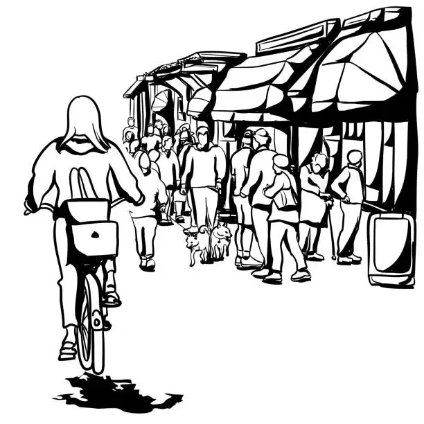 Vector illustration of Cycling Past Busy Boutique Ink