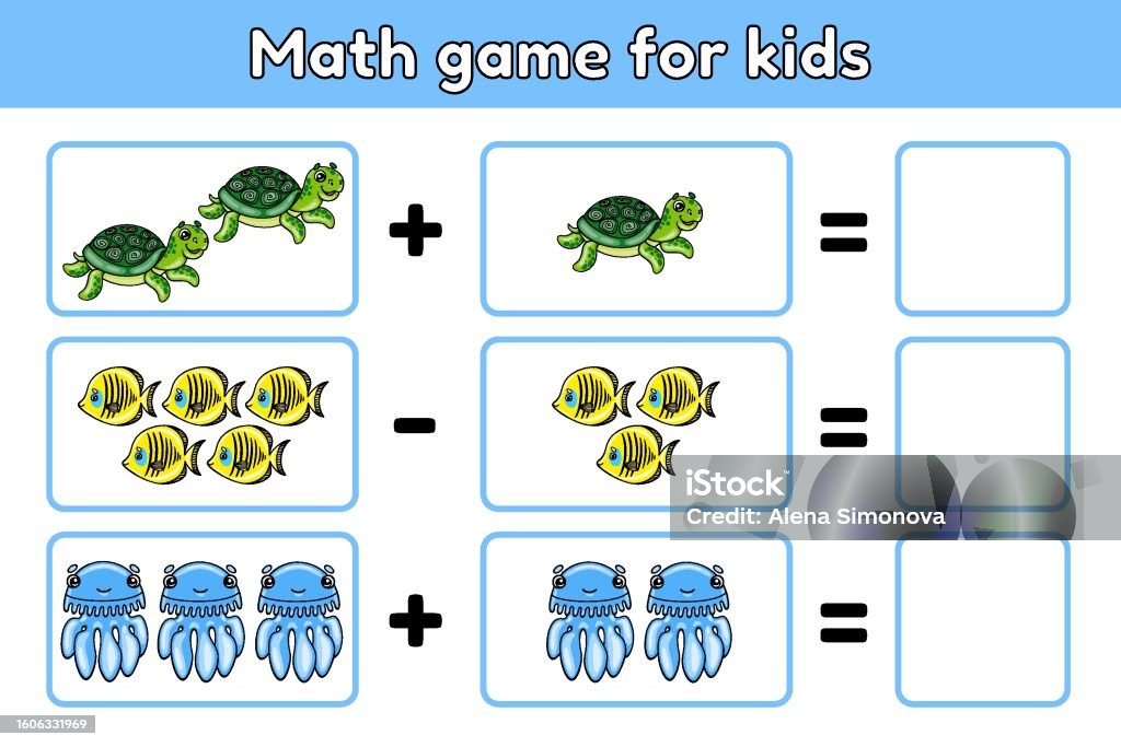 Algebra Using Animals Kids Math Worksheet For Addition And Subtraction Stock Illustration ...