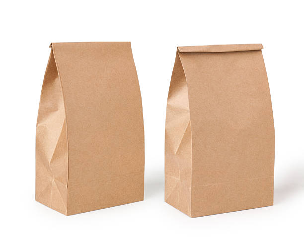 marrón, bolsa para el almuerzo - paper bag packaging blank package fotografías e imágenes de stock