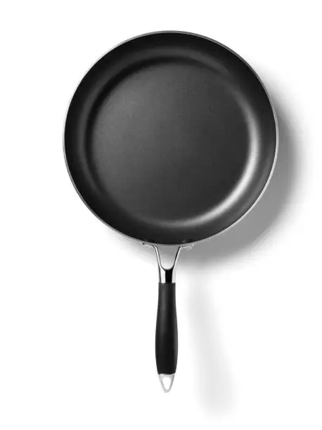 New empty frying pan isolated on white with clipping path. Copy space