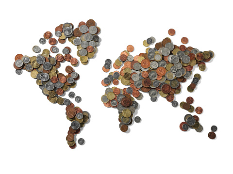 Map of the world made of currency. Isolated on white with clipping path.