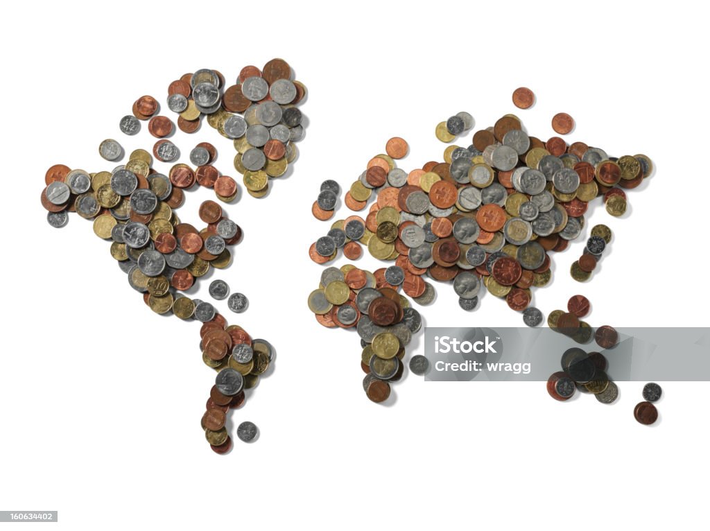 The World in Money Map of the world made of currency. Isolated on white with clipping path. World Map Stock Photo
