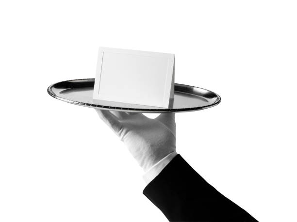 aislado en blanco tarjeta para un servicio de primera clase - serving tray silver plate fotografías e imágenes de stock