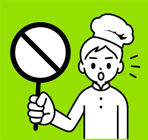 Vector illustration of A chef boy holding a prohibition sign, looking at the viewer, with a minimalist style, black and white outline