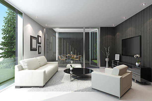 moderna villa con terrazza - fireplace living room door wall foto e immagini stock