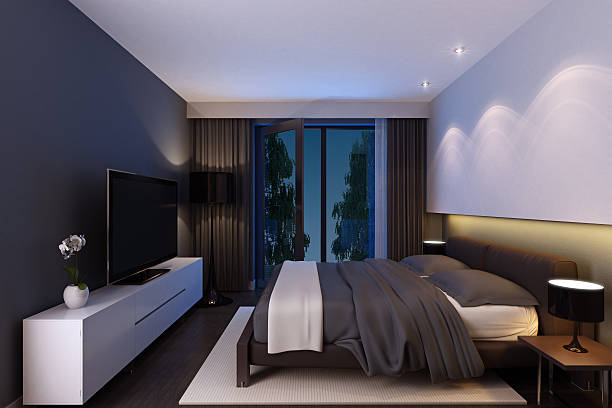 Luxury Bedroom Luxury bedroom in penthouse. twin bed stock pictures, royalty-free photos & images