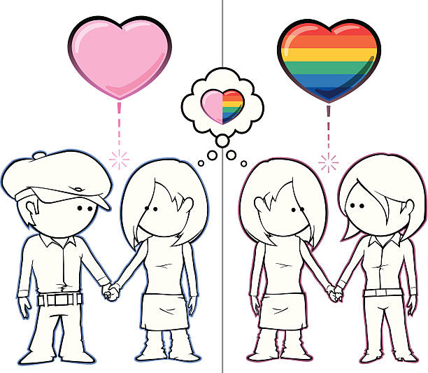 Girl Want Boys & Girls Iconic illustration of two couples, one straight and one lesbian, holding hands. Both couples share the same female character. lesbian affair stock illustrations