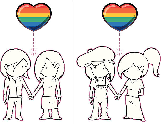 Girls Want Girl Iconic illustration of two female couples holding hands. lesbian affair stock illustrations
