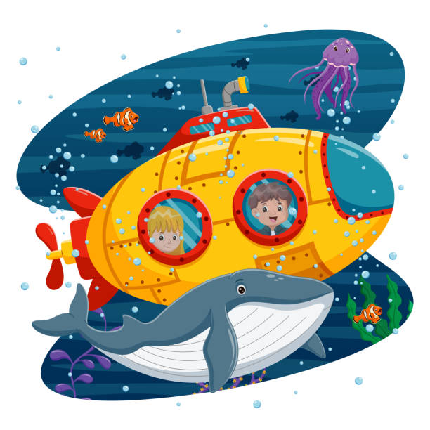 istock Cartoon Submarine Under The Sea. Small inquisitive children on bathyscaphe explore underwater world. Vector illustration 1606424909