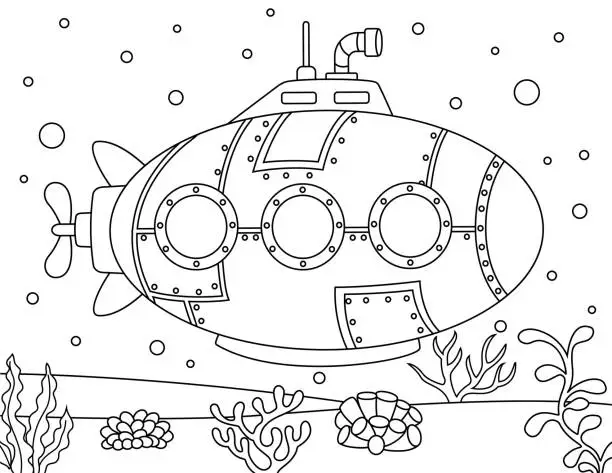 Vector illustration of Coloring book or page for kids. Submarine black and white vector illustration. doodle style