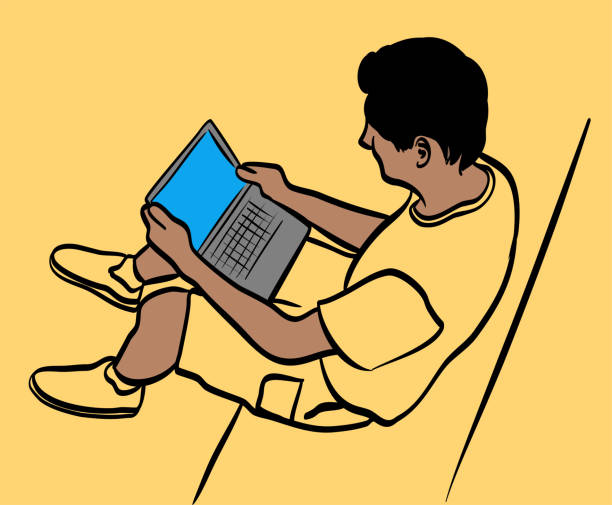 ilustrações de stock, clip art, desenhos animados e ícones de teenager on laptop overhead shot yellow - young women computer digital tablet white background