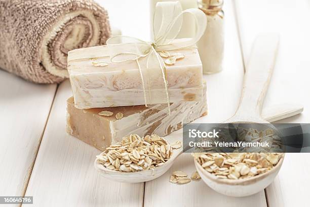 Selection Of Oatmeal Colored Items And Cereal Stock Photo - Download Image Now - Homemade, Aromatherapy, Bar Of Soap