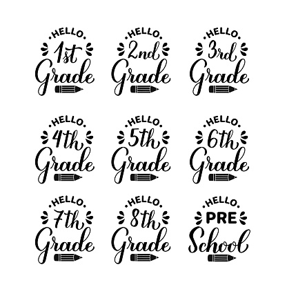 School Grade Squad Set. First day of school bundle. 1st, 2nd, 3rd, 4st, 5st, 6st, 7th, 8th, Pre-school.  Vector template for typography poster, banner, shirt, etc.