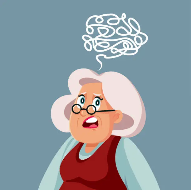 Vector illustration of Elderly Grandma Feeling Puzzled Having Tangled Thoughts Vector Cartoon