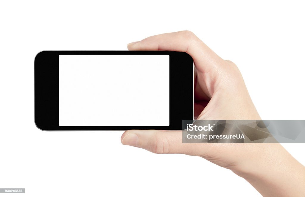Hand holding smartphone with blank screen Hand holding mobile smart phone with blank screen. Isolated on white. Blank Screen Stock Photo