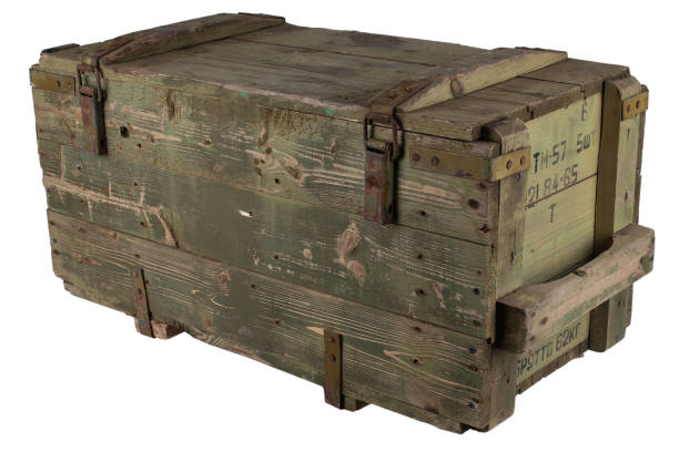 istock Army ammunition wooden crate. Text in russian - type of ammunition, projectile caliber, projectile type, number of pieces and weight. 1606546464
