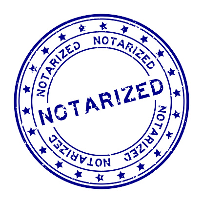Grunge blue notarized word with star icon round rubber seal stamp on white background