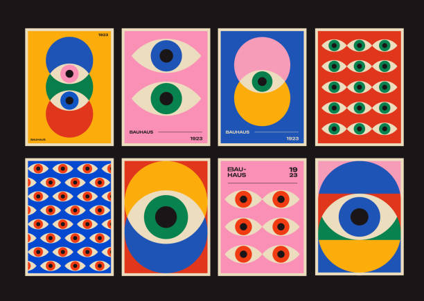 abstract bauhaus eye posters set vector design. cool geometric patterns. - göz yanılması illüstrasyonlar stock illustrations