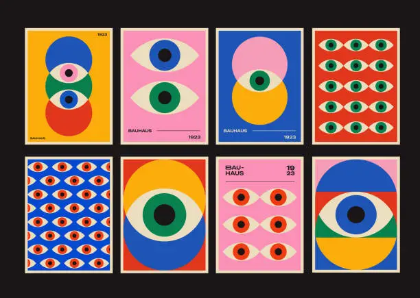 Vector illustration of Abstract Bauhaus Eye Posters Set Vector Design. Cool Geometric Patterns.