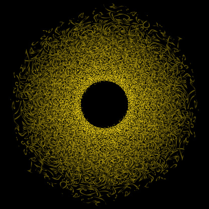 Abstract dark background with circle calligraphic symbols yellow colours. Black and yellow pattern lines with perspective gradients
