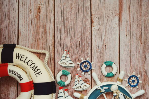 istock Marine Items nautical Decoration with space copy on wooden background 1606680249