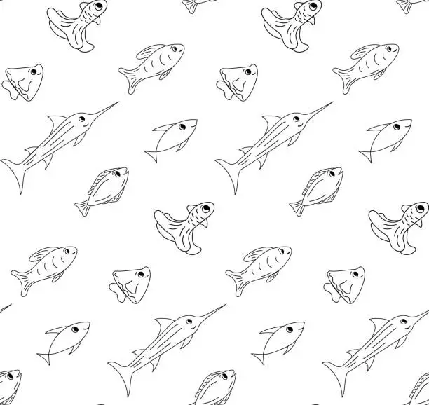 Vector illustration of Seamless pattern sea fishes black and white. Vector illustration. Marine life. Underwater animals.