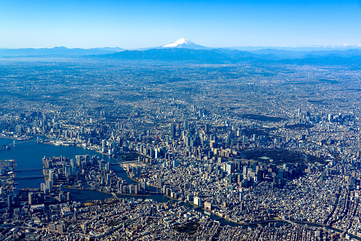 Mt. Fuji and Tokyo City from the air.