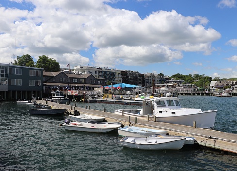 Bar Harbor, Maine, USA.  June 14, 2022.
Boats tied up at town dock in downtown Bar Harbor on a Spring morning.  Boating is a popular recreational activity in this New England resort town.