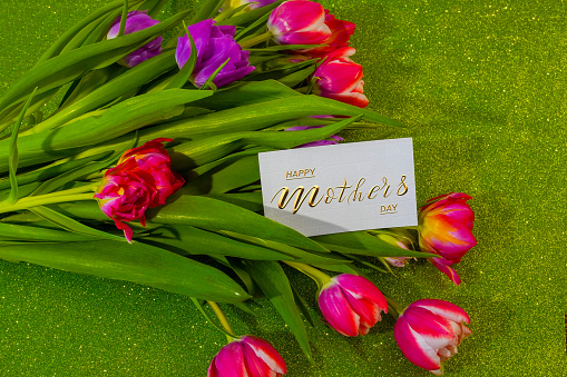 Happy mother's day!  Card, Banner, flyer,  Congratulations on Mother's Day, Bouquet of tulips