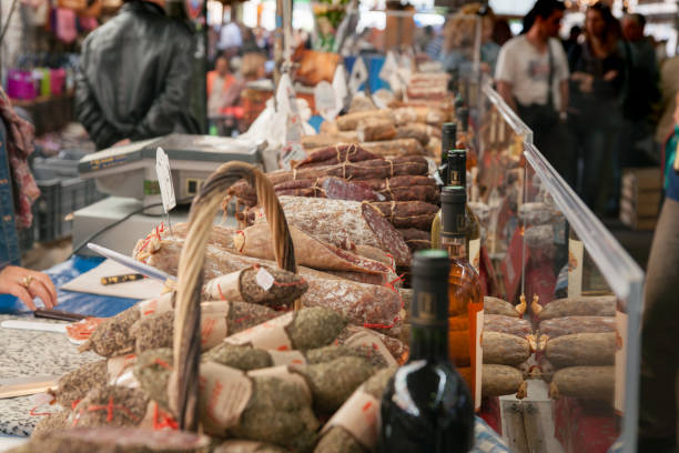 Traditionally Processed meat smallgoods in city market Antibes, on French Riviera.