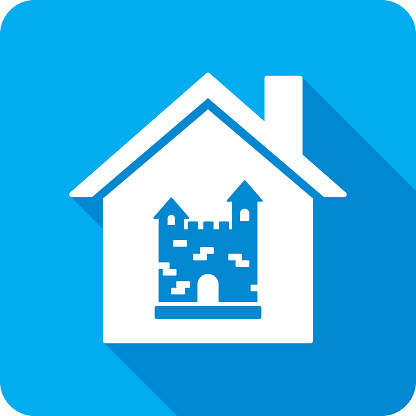 Vector illustration of a house with castle icon against a blue background in flat style.