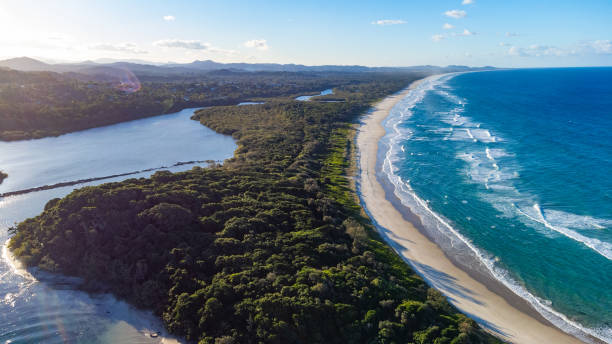 Aerial view of the beach near Byron Bay, NSW, Australia Aerial view of the beach near Byron Bay, NSW, Australia brunswick heads nsw stock pictures, royalty-free photos & images
