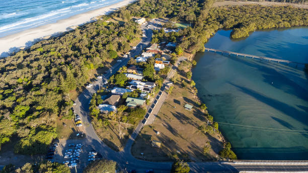 Aerial view of a beach town Aerial view of Brunswick Heads, near Byron Bay, NSW, Australia brunswick heads nsw stock pictures, royalty-free photos & images