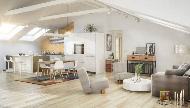 Sunny attic apartment in loft conversion - 3D visualization stock photo