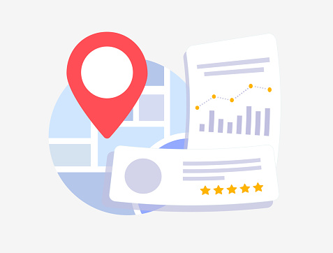 Local SEO Statistics and Trends for small businesses. Local searches analysis and ranking concept illustration. Compare proximity audit. Vector illustration